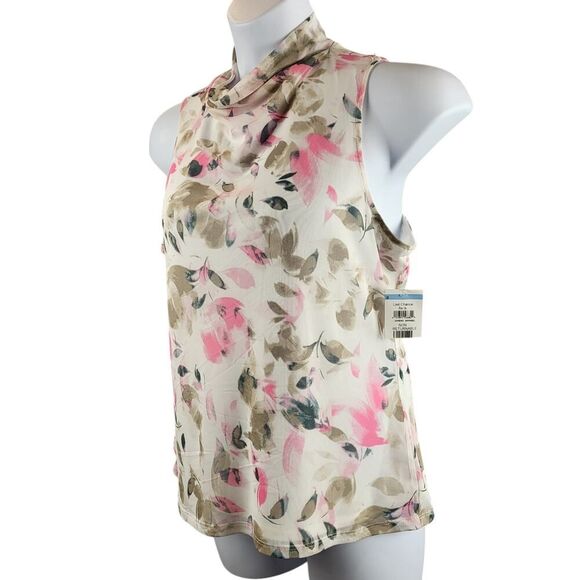 NEW Vince Camuto Large Mesh Mock Neck Sleeveless Blouse Pink White Petal Print - Picture 4 of 10